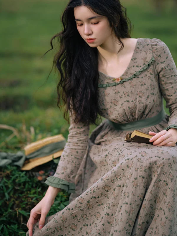 Whispering Meadow Floral Dress with Green Frill