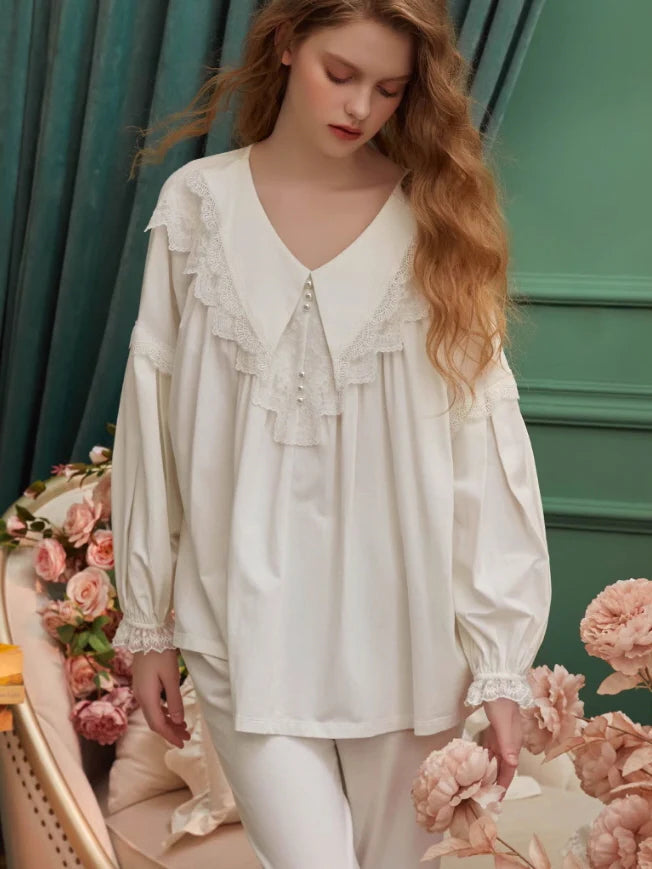 Elegant Lace-Trimmed Cotton Pajama Set