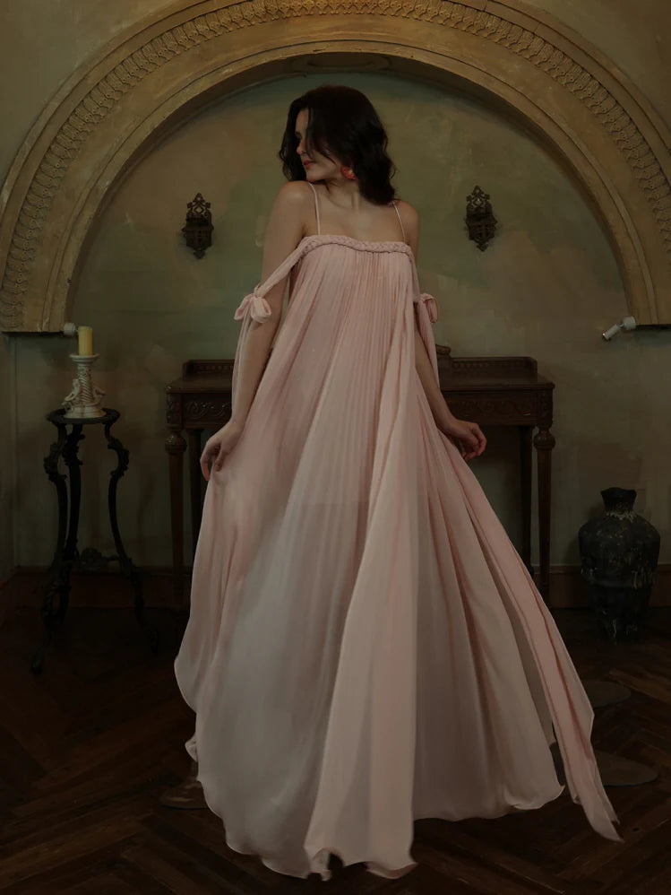 Off-Shoulder Blush Pleated Ribbon Dress