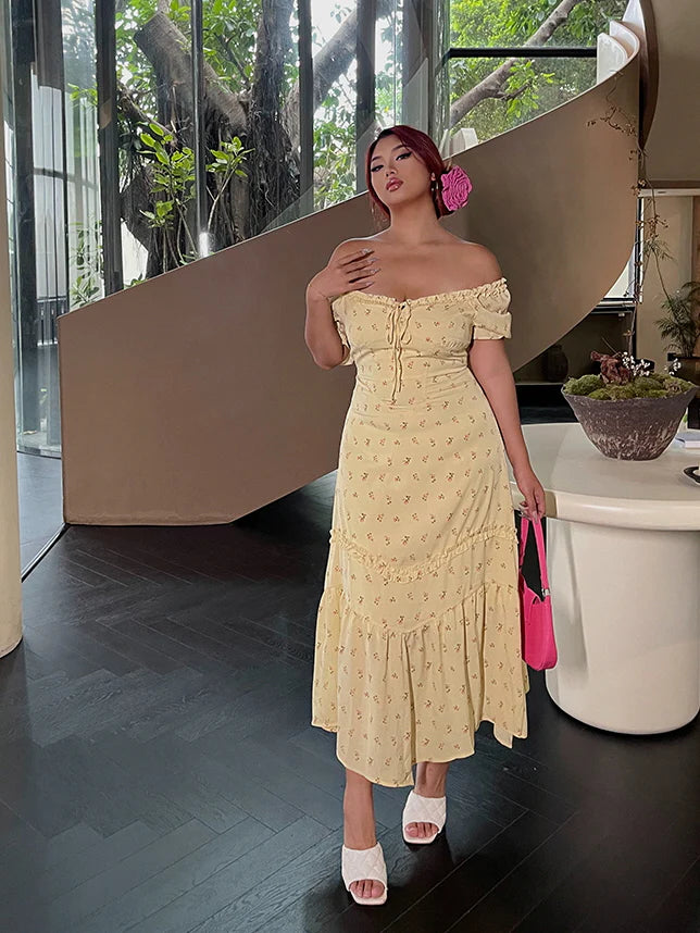 Lemon Blossom Ruffle Midi Dress