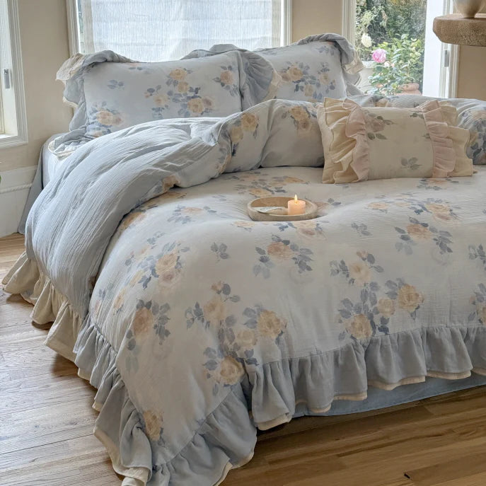 Dusty Blue Rose Print Ruffle Bedding Set