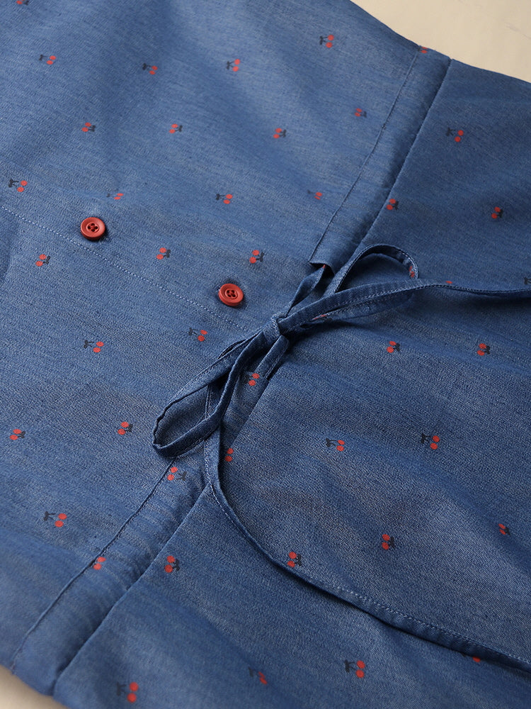 Cherry Embroidered Blue Cotton Dress