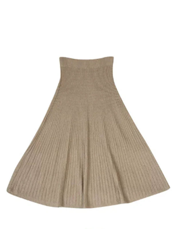 Simple Beige Pleated Wool Skirt