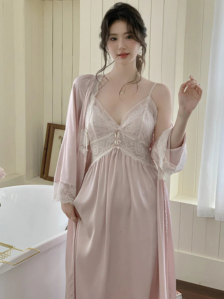 Blush Lace Trim Nightgown & Robe Set