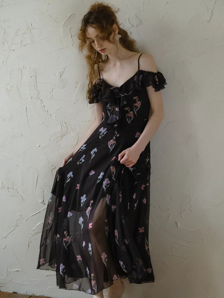 Black Blossom Off-Shoulder Dress