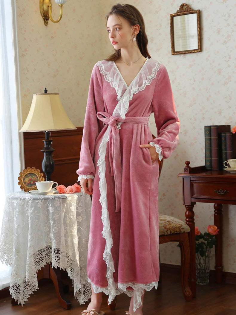 Velvet Lace-Trim Wrap Robe