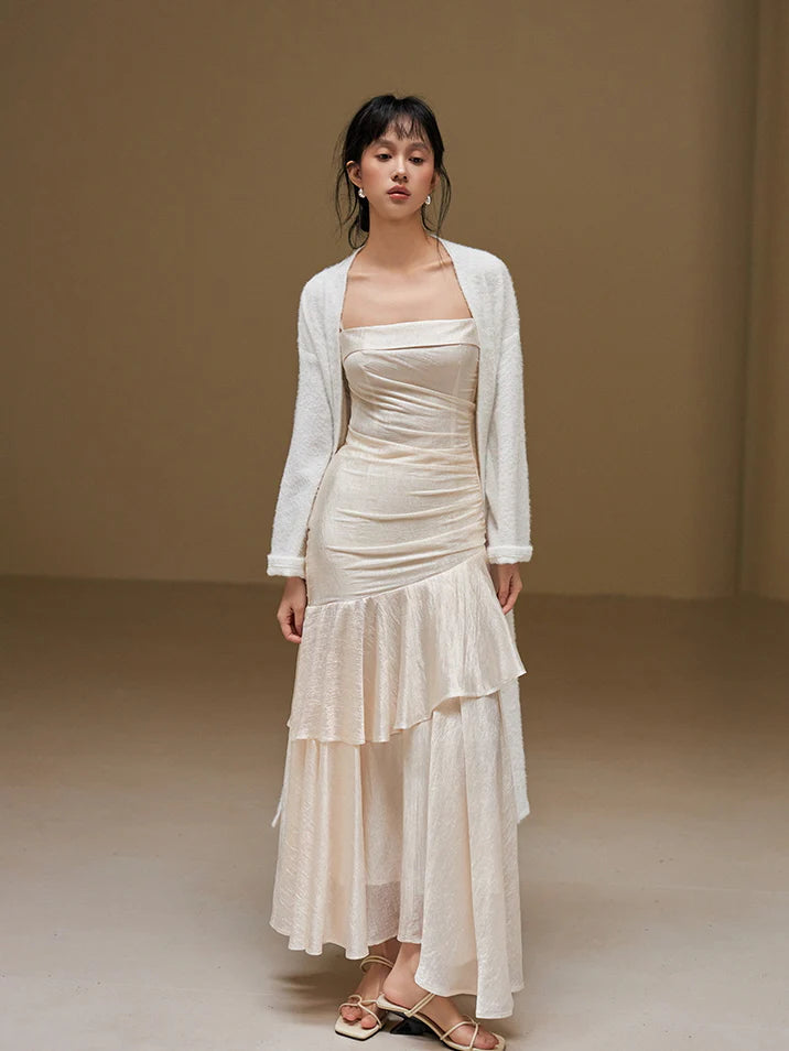 Lustrous Asymmetrical Ruffle Slip Dress