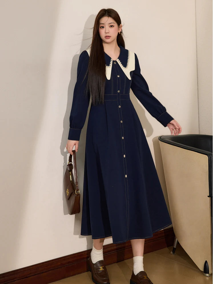 Navy Elegance Vintage Collar Dress