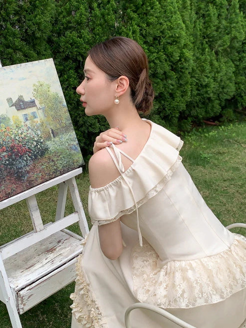 Ivory Ribbon Shoulder Ruffle Top & Skirt