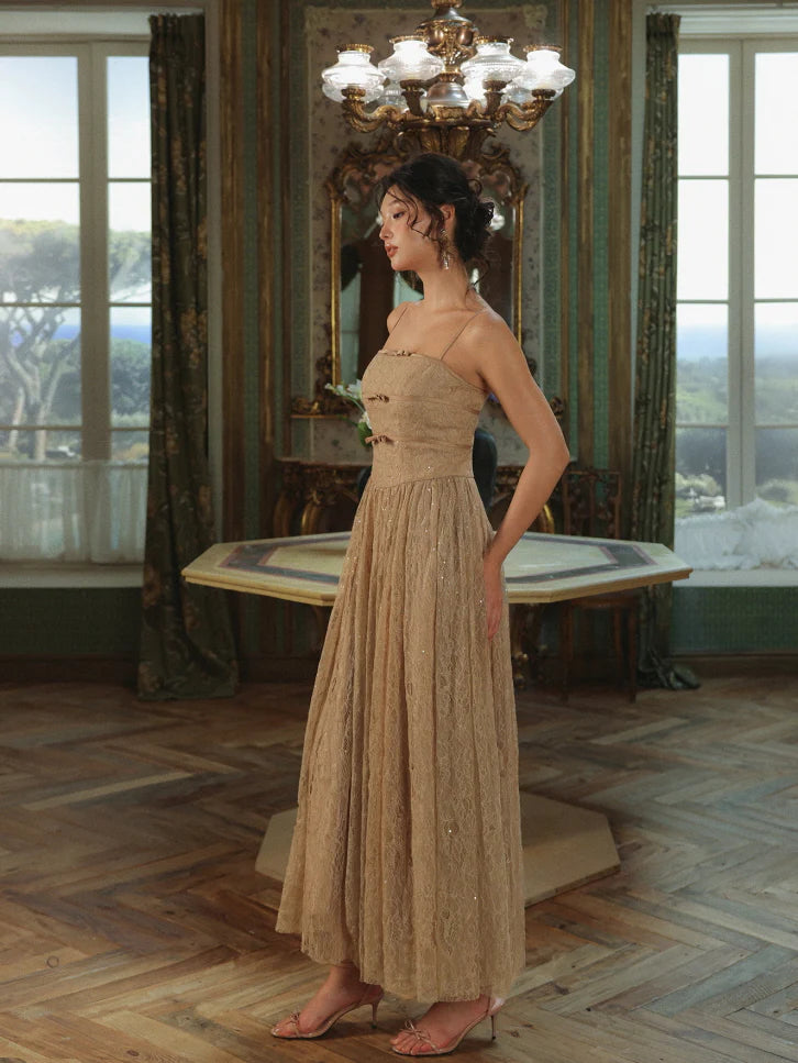 Champagne Lace Bow Evening Dress