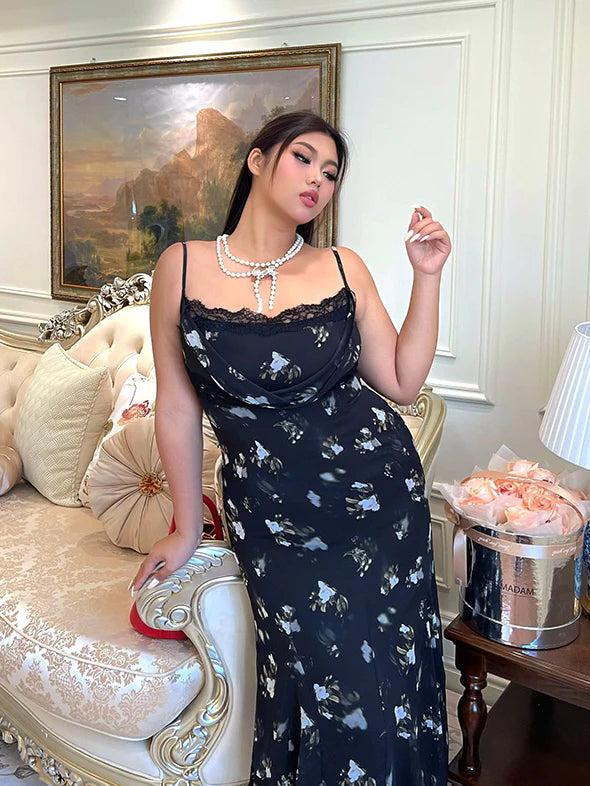 Midnight Bloom Lace Trim Floral Dress