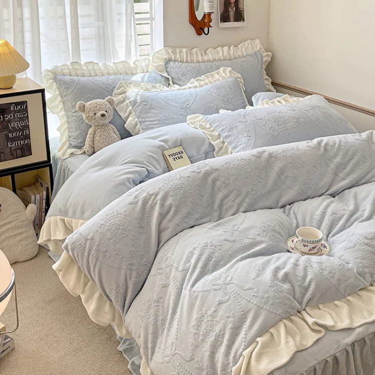 Princess Ruffled Light Blue Velvet Bedding Set