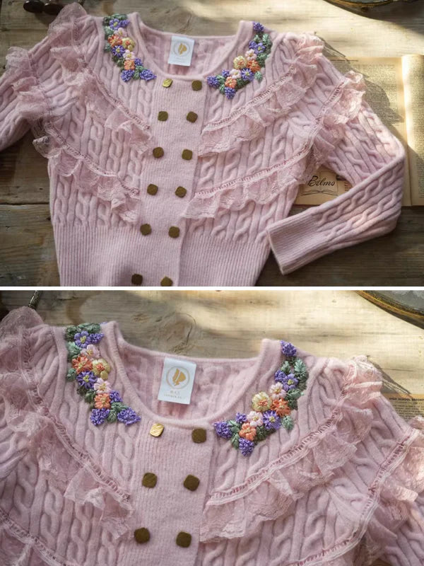 Delicate Floral Embroidered Ruffle Cardigan