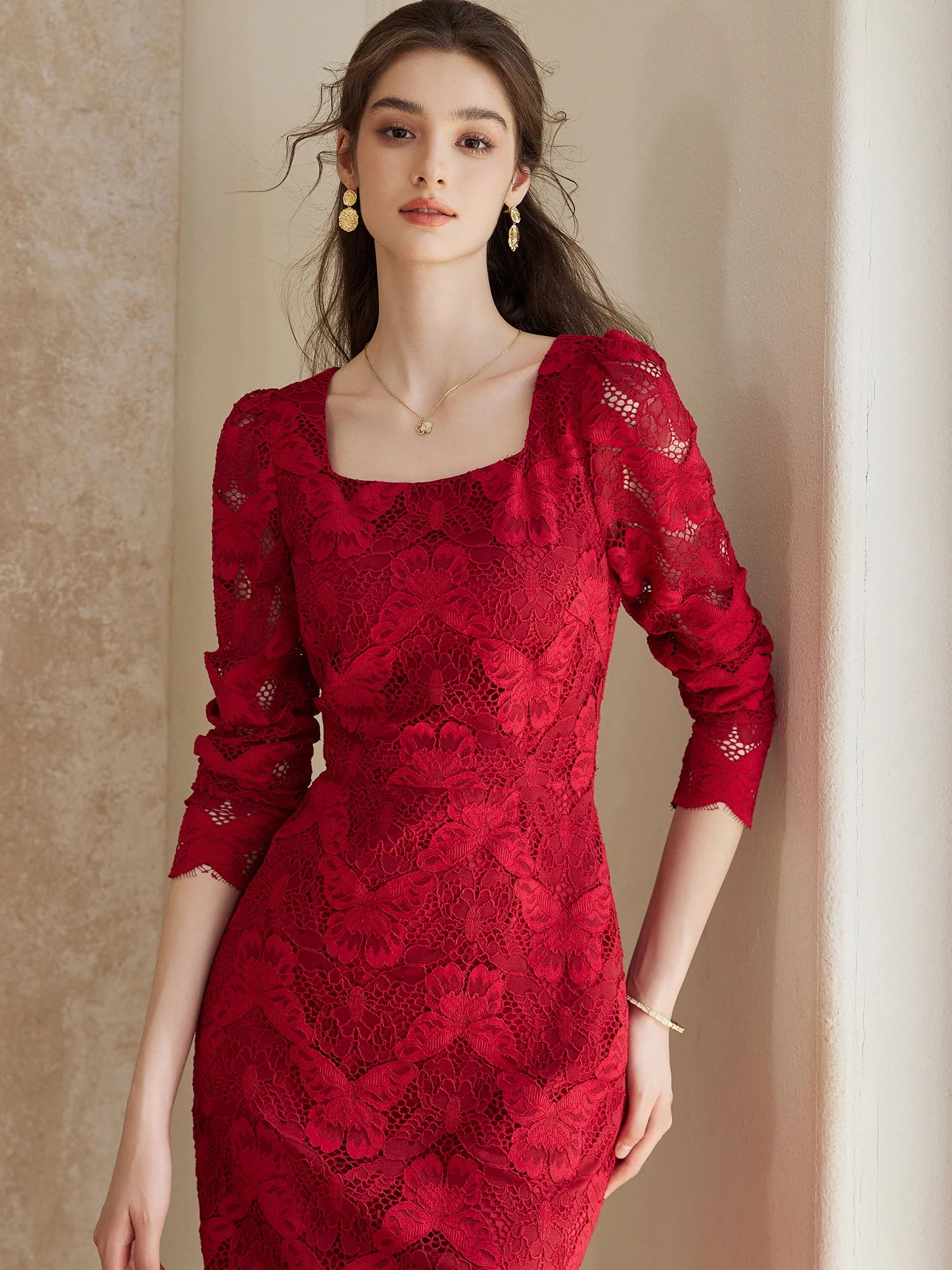 Scarlet Elegance Lace Midi Dress