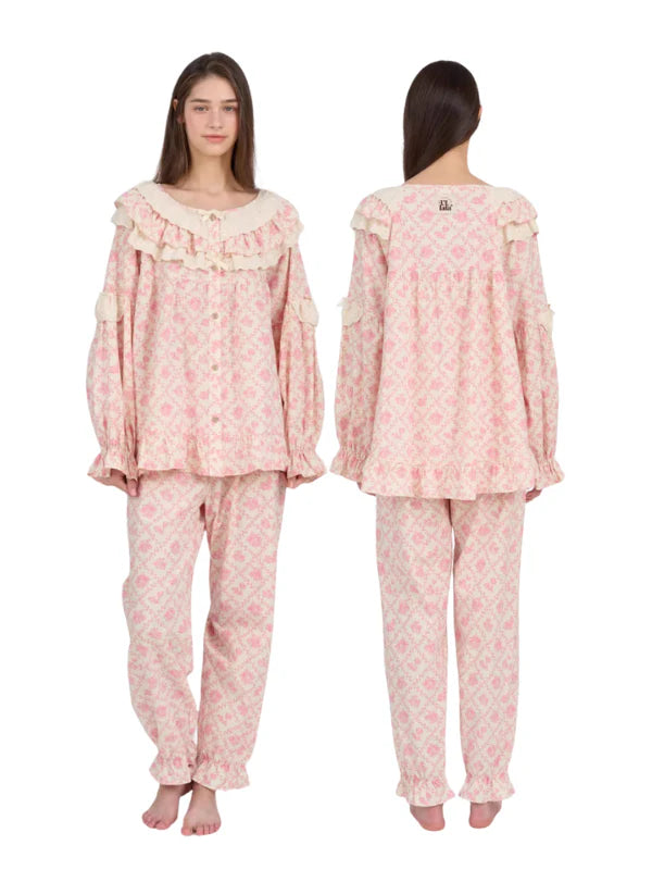 Pink Floral Lace Ruffle Loungewear Set