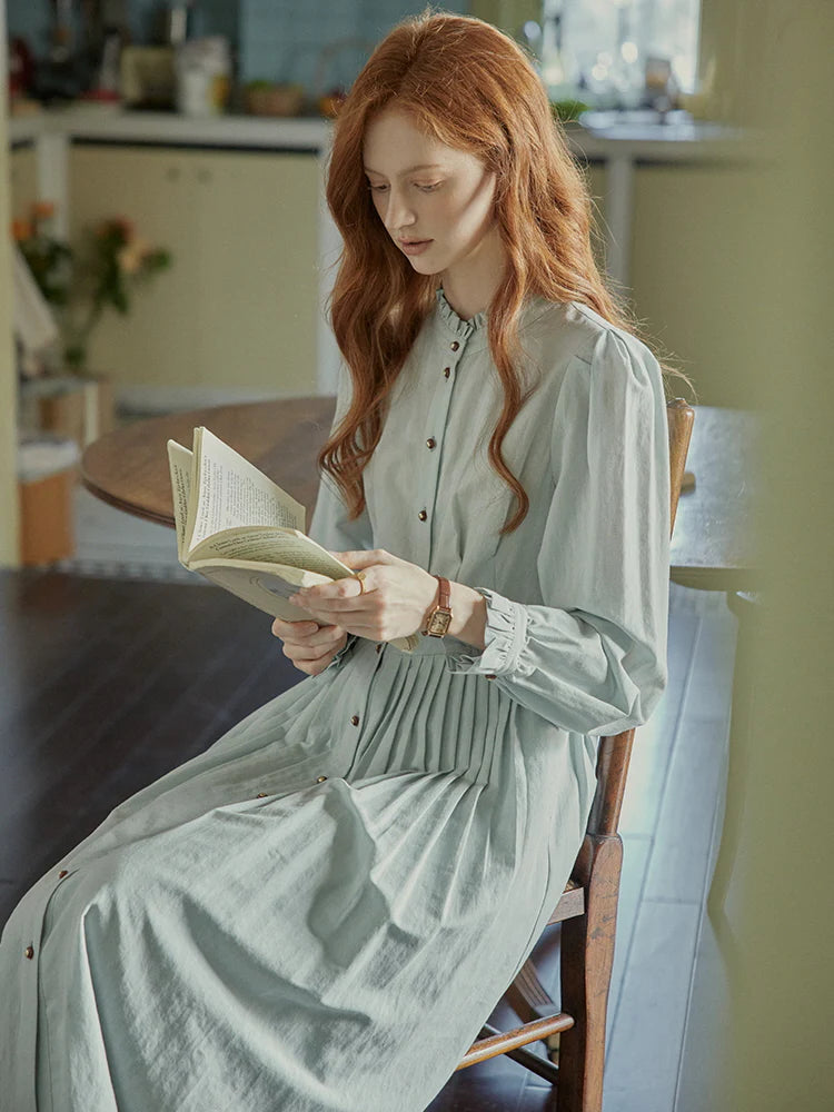 Vintage-Inspired Lace-Trim Light Blue Dress