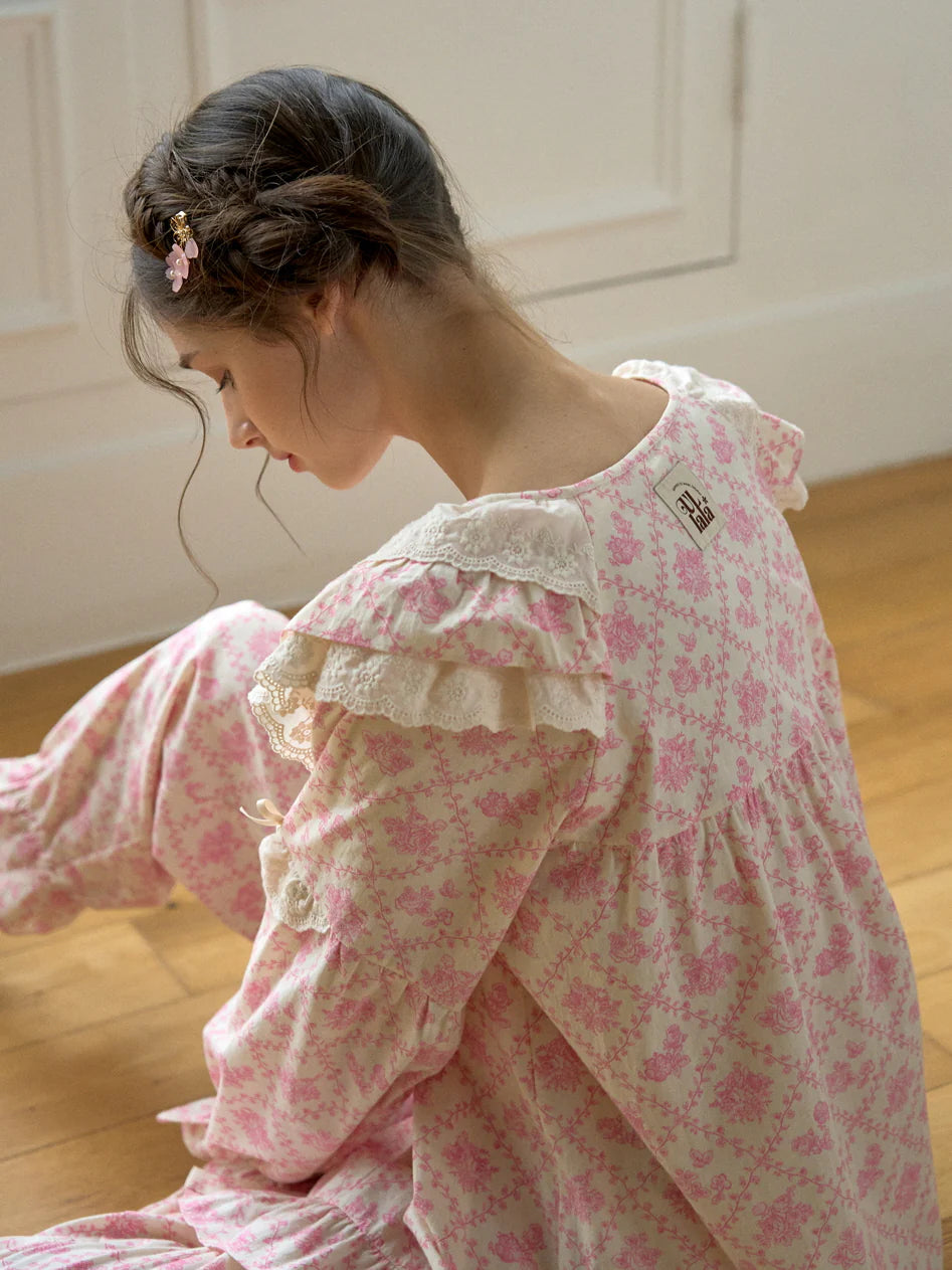 Pink Floral Lace Ruffle Loungewear Set
