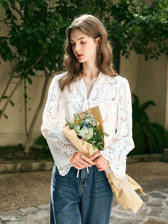Floral Eyelet Lace Tie-Front Blouse
