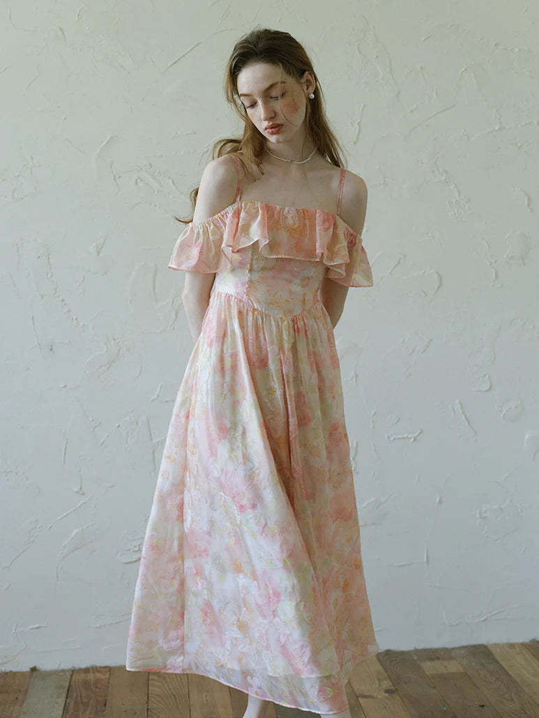 Peach Blossom Off-Shoulder Ruffle Dress