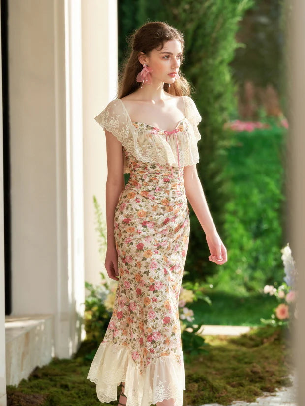 Floral Lace Off-Shoulder Corset Top & Skirt