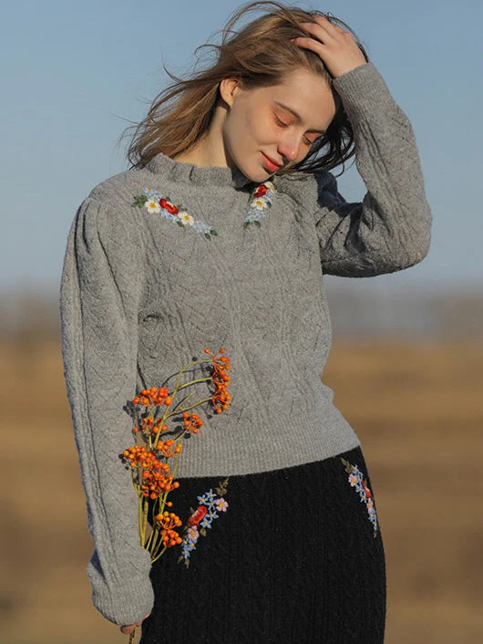 Soft Gray Floral Embroidered Sweater