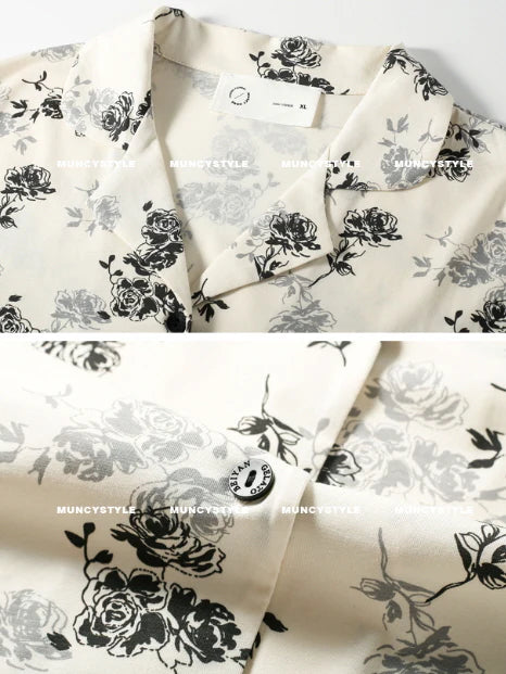 Black Rose Lace Trim Pajama Set