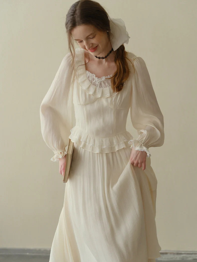 Poetic Cream Ruffle Lace Dress