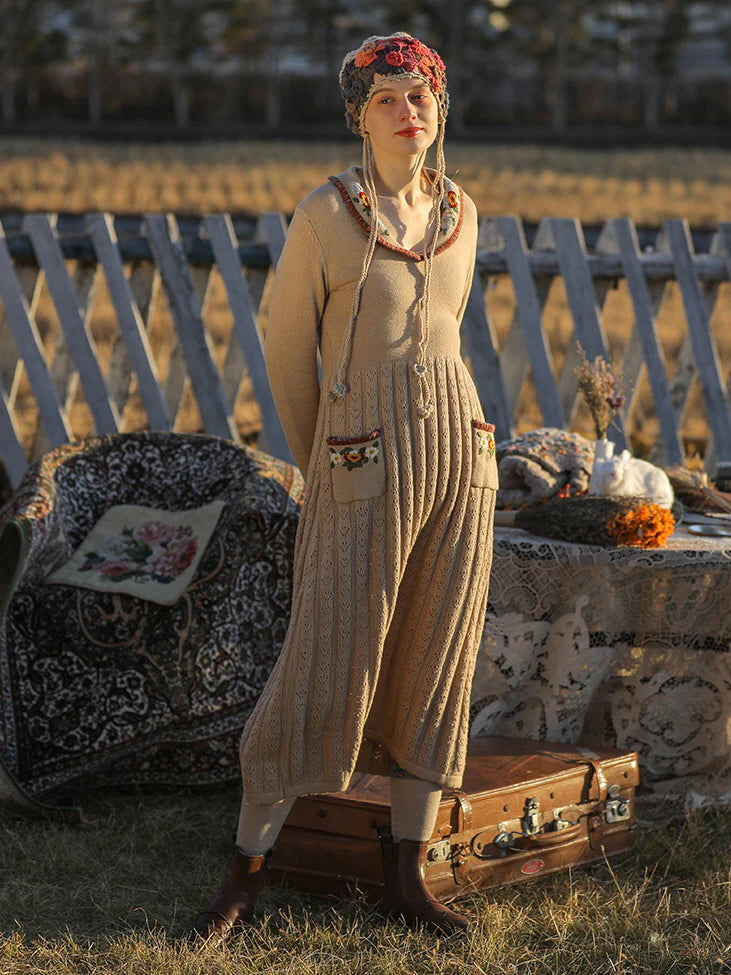 Warm Beige Elegance Floral Knit Dress