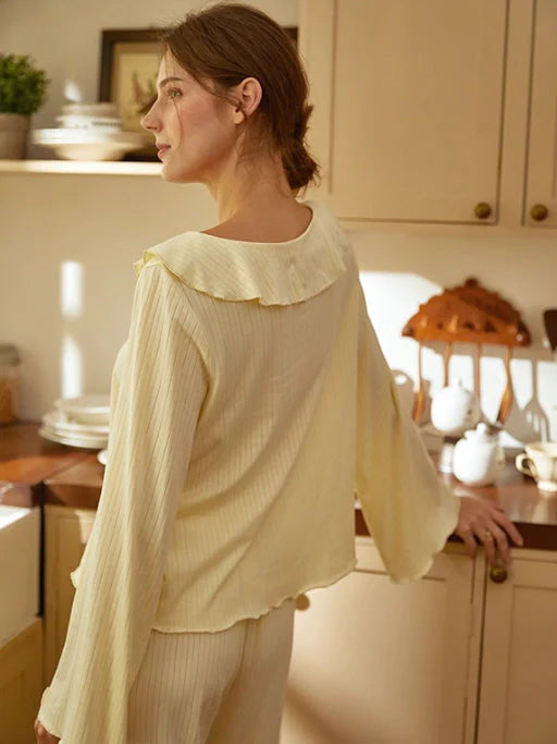 Soft Yellow Ruffled Collar Pajama Set