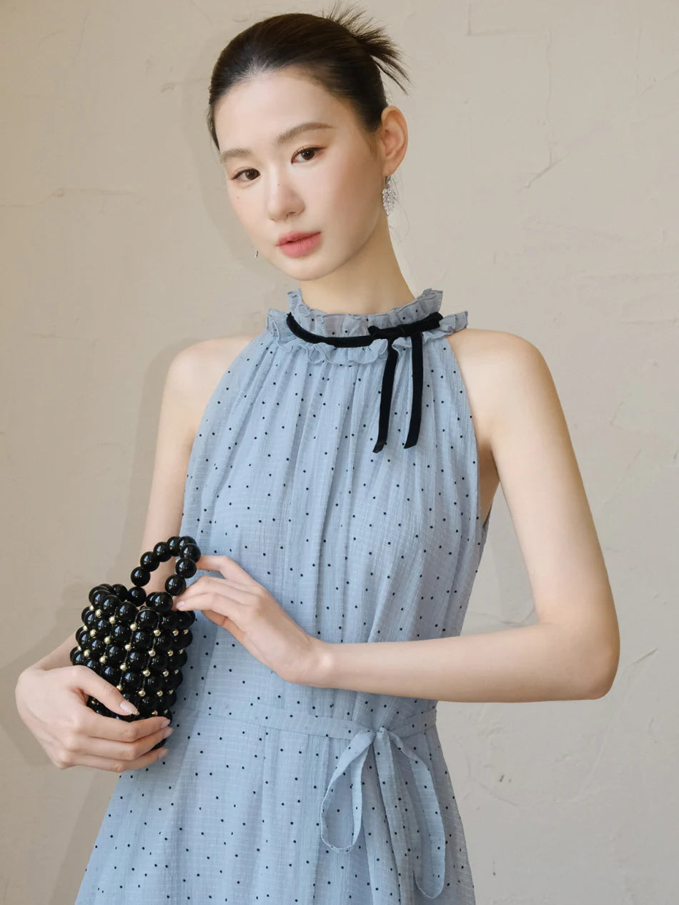 Blue Polka Dot Halter Maxi Dress