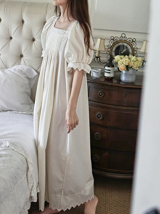 Square Neck Pintuck Cotton Nightgown