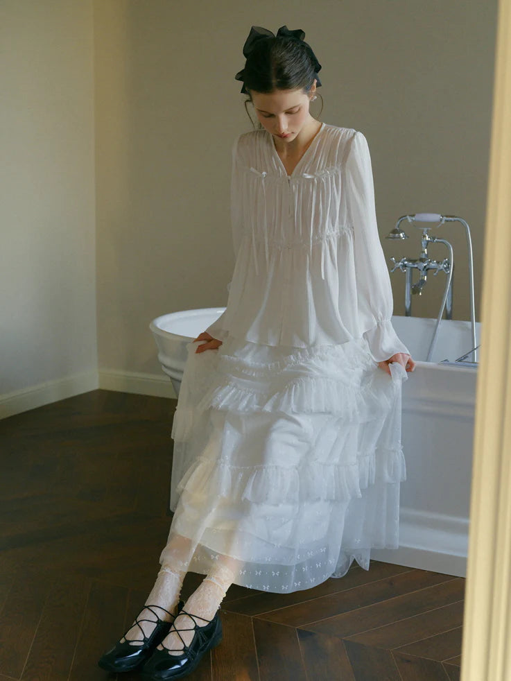 Ethereal White Pleated Chiffon Blouse