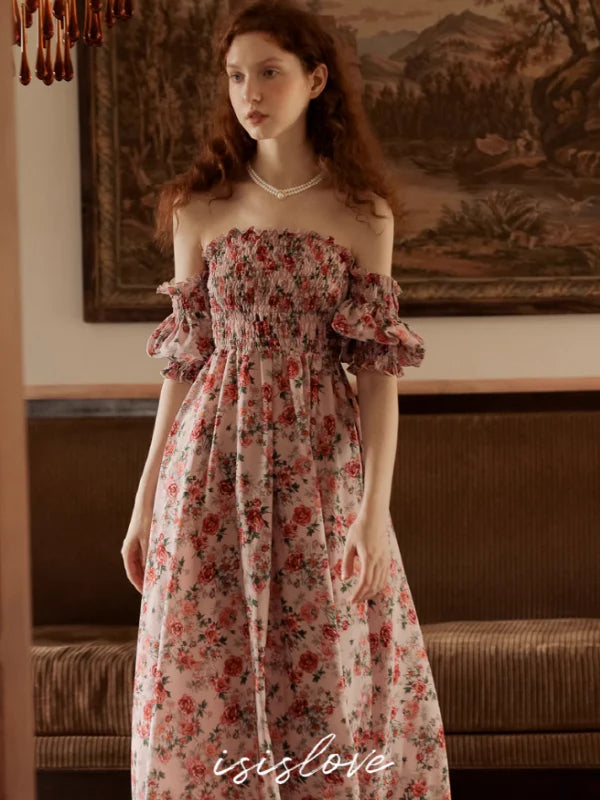 Vintage Pink Flower Off-Shoulder Dress