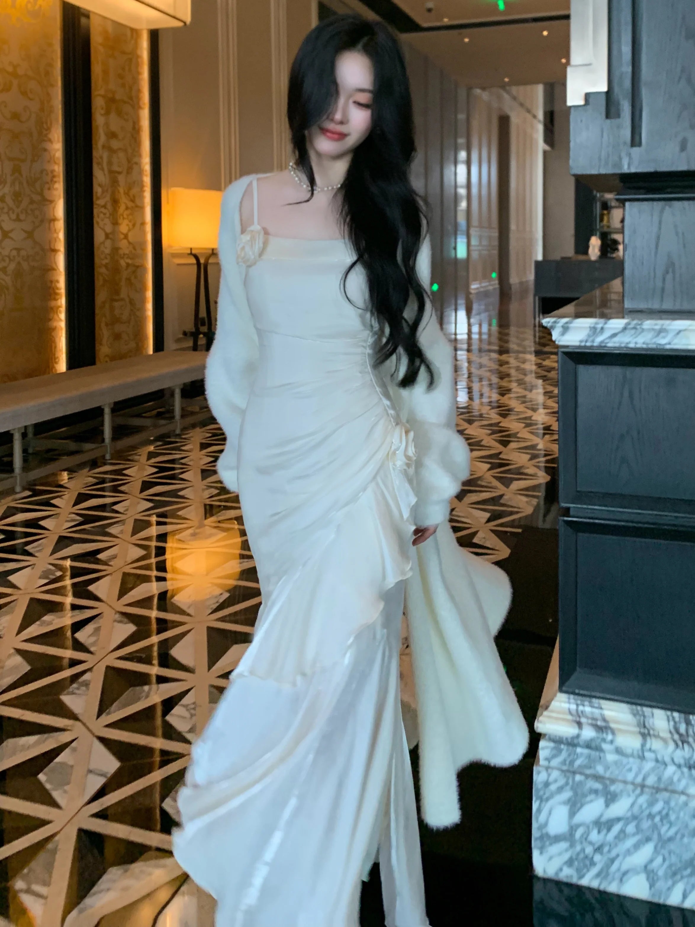 Ivory Dream Rosette Ruffle Gown