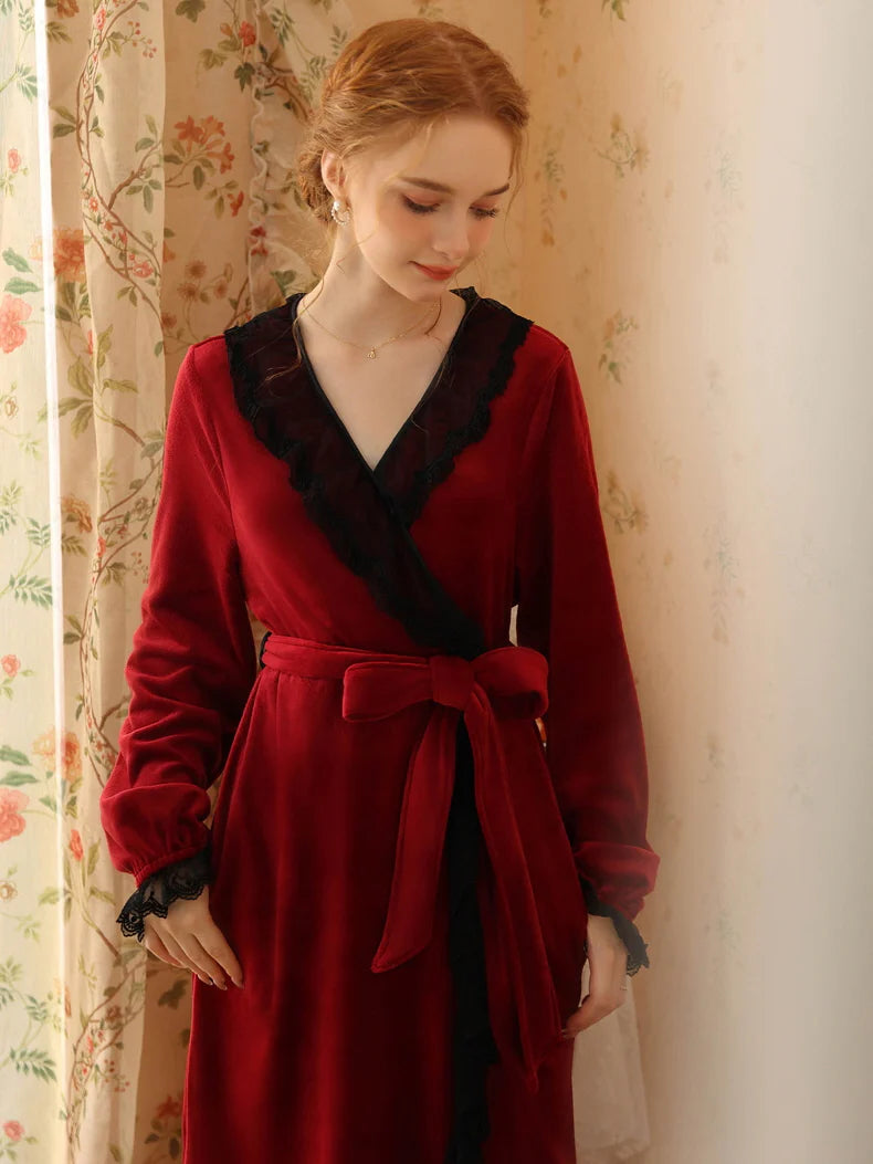 Velvet Lace-Trim Wrap Robe