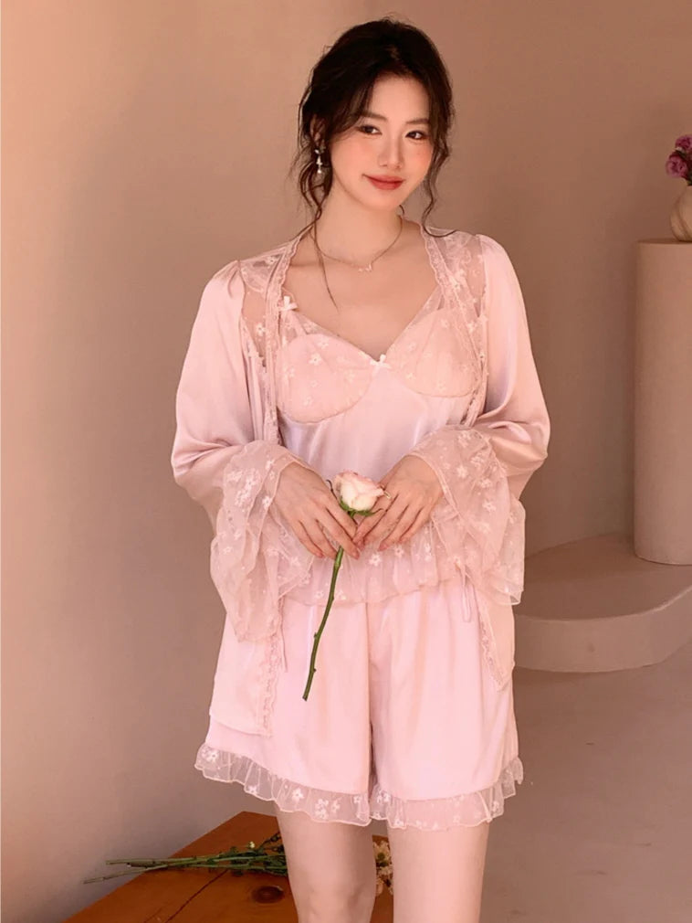 Blush Lace Layered 3-Piece Pajama Set