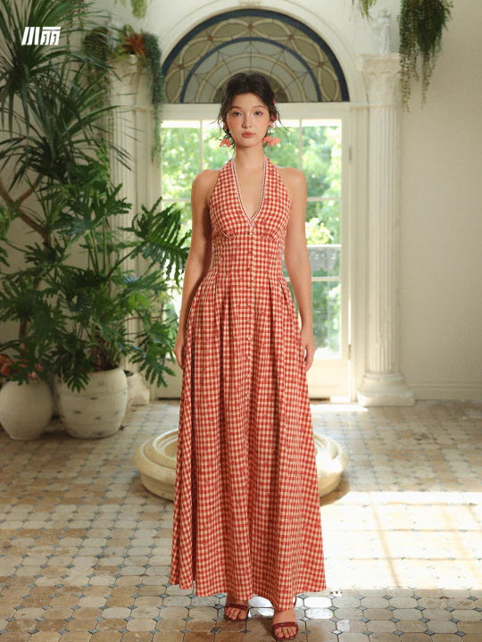 Romantic Gingham Red Check Halter Dress