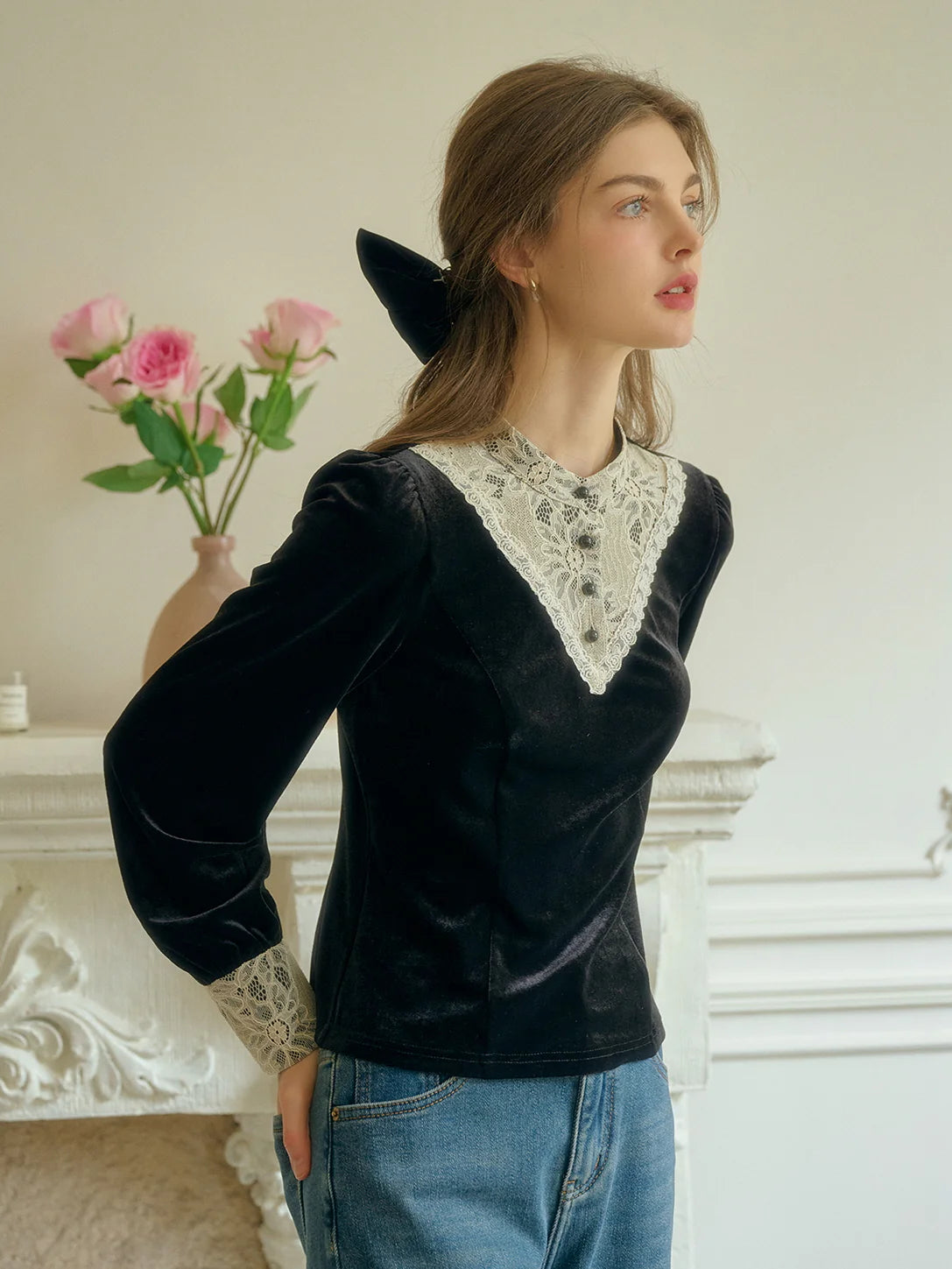 Victorian Lace Trim Black Velvet Blouse