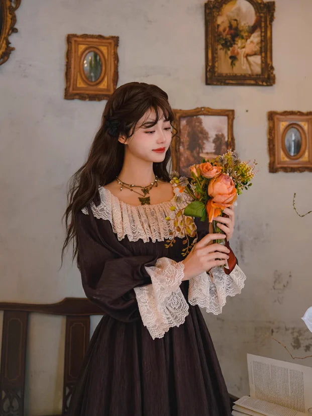 Mocha Reverie Vintage Lace Long Dress