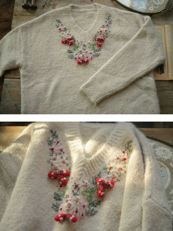 Elegant Floral Cashmere V-Neck Sweater