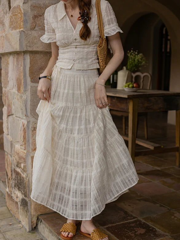 Vintage Textured Cotton Blouse & Skirt