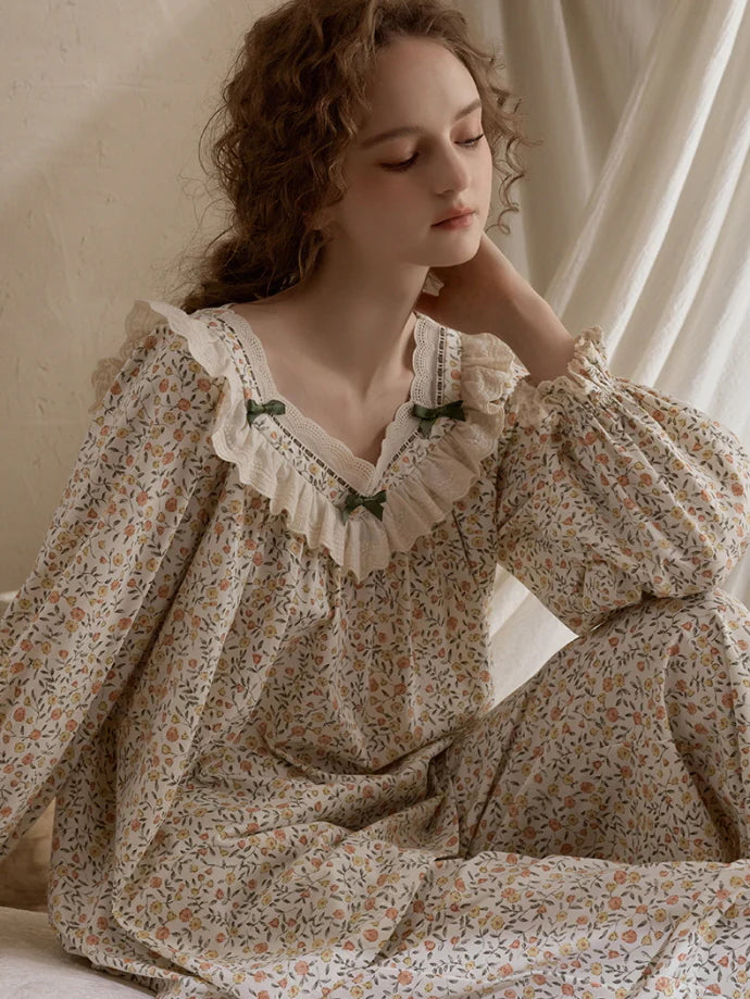 Vintage Floral Ruffle Pajama Set
