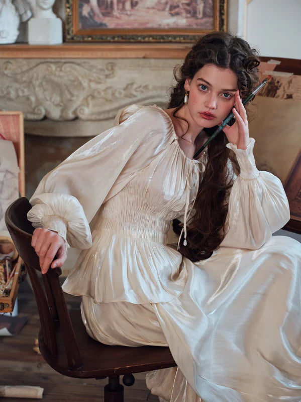 Pearl Ribbon Shirred Ivory Blouse