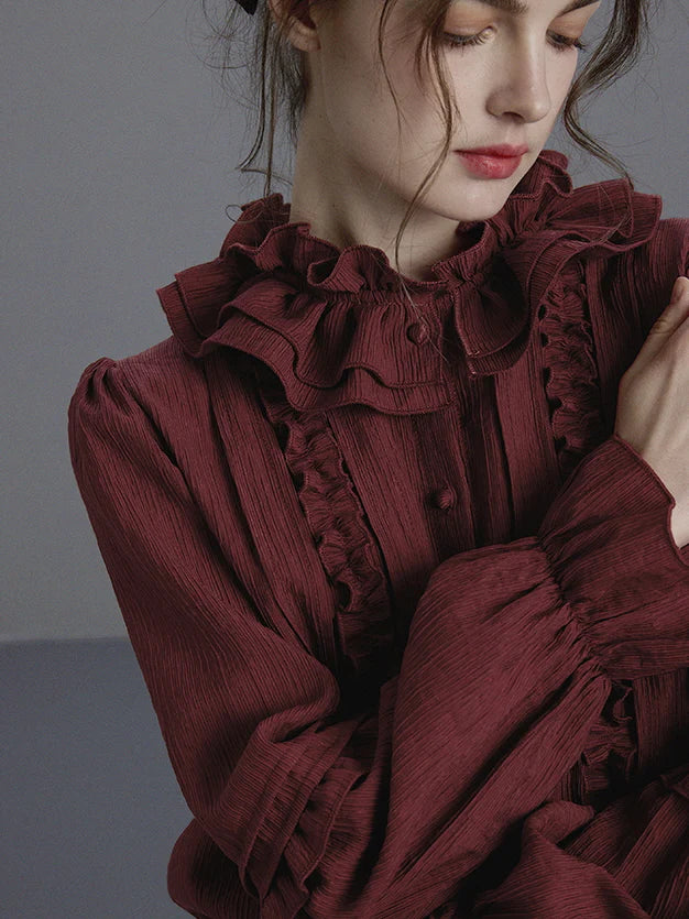 Elegant Wine Ruffled Victorian Blouse