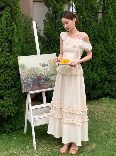 Ivory Ribbon Shoulder Ruffle Top & Skirt