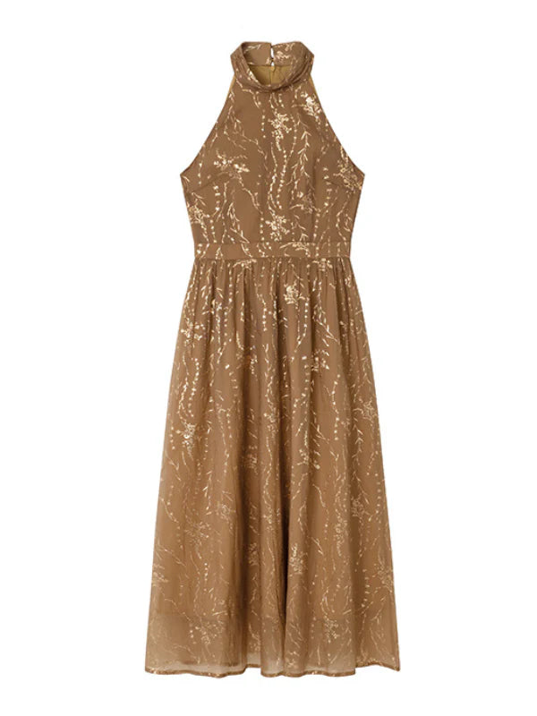 Golden Bloom Halter Dress