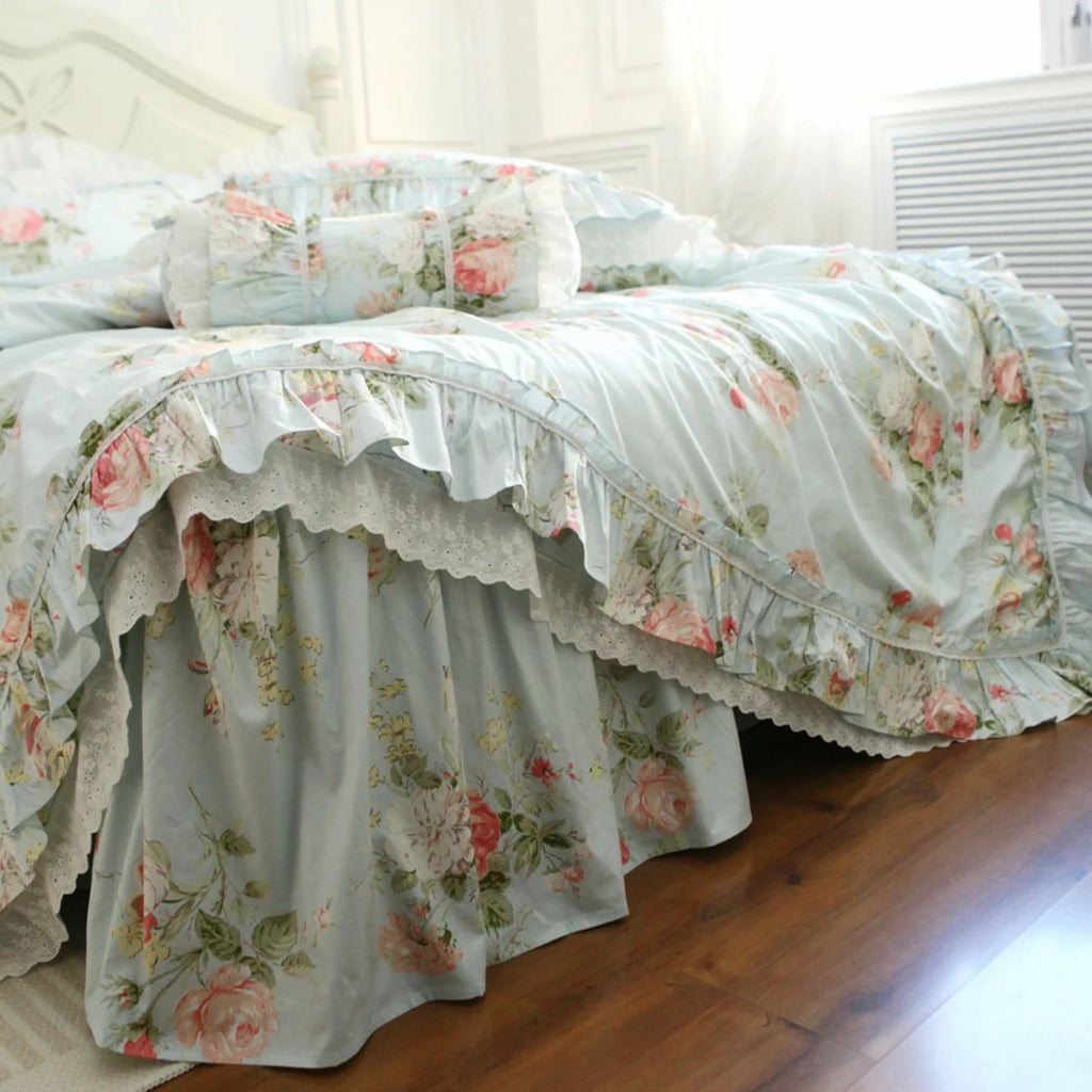 Princess Ruffle Blue Floral Bedding Set