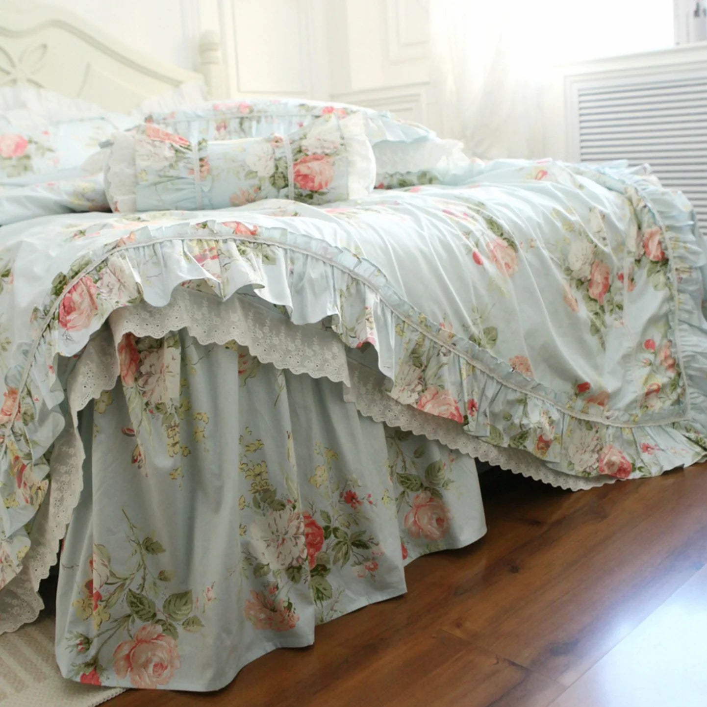 Princess Ruffle Blue Floral Bedding Set