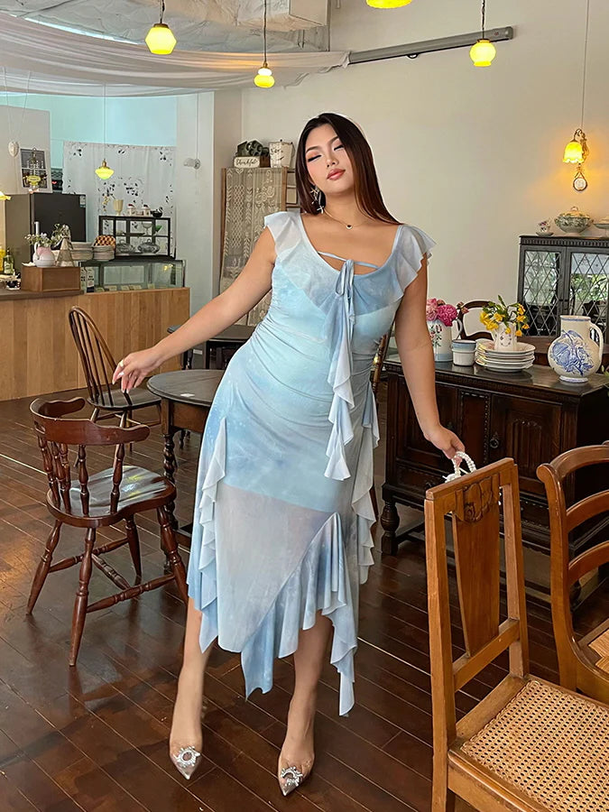 Sky Ruffle Mesh Dress with Bow