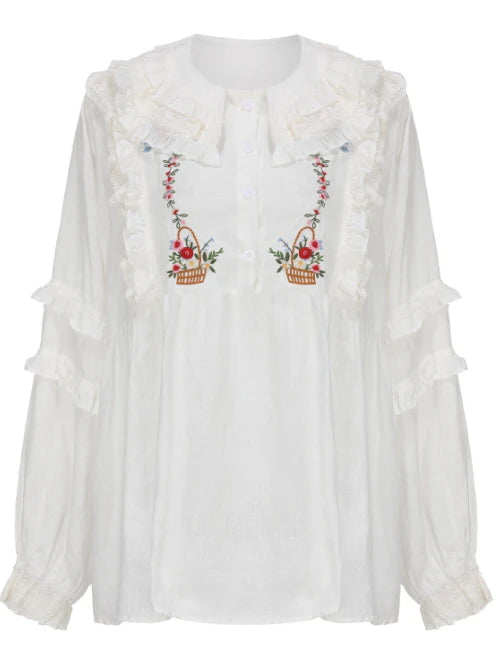 Flower Basket Embroidery Linen Blouse